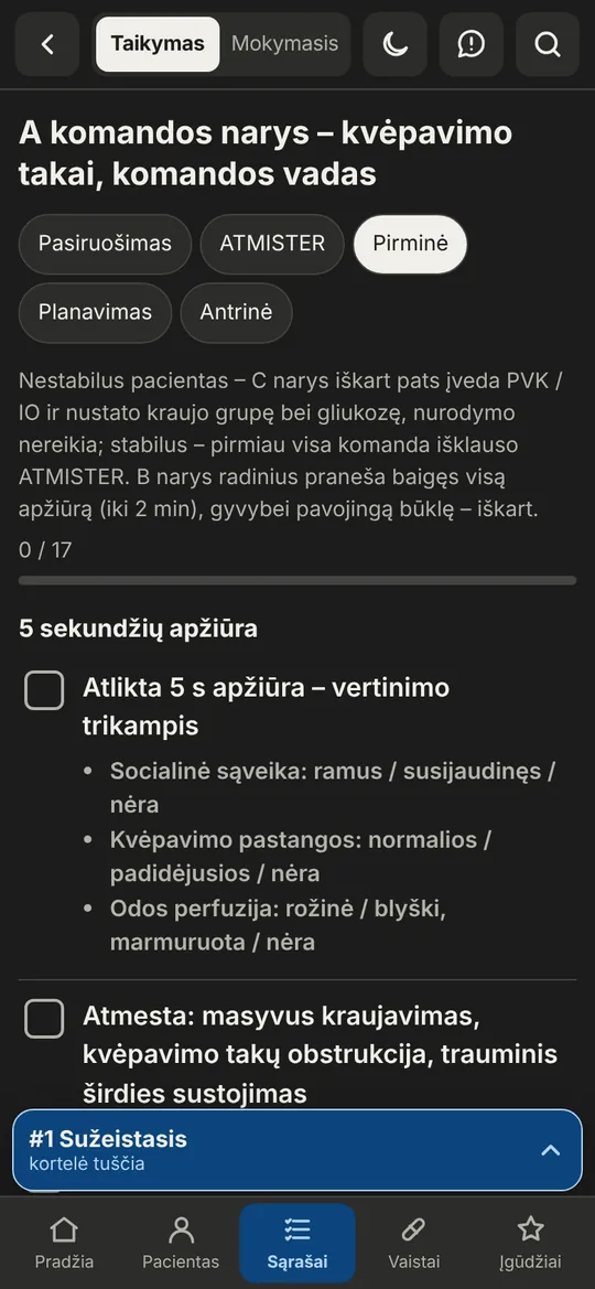 A komandos nario pirminės apžiūros sąrašas