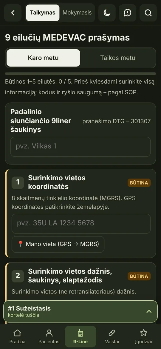 9 eilučių MEDEVAC prašymo forma