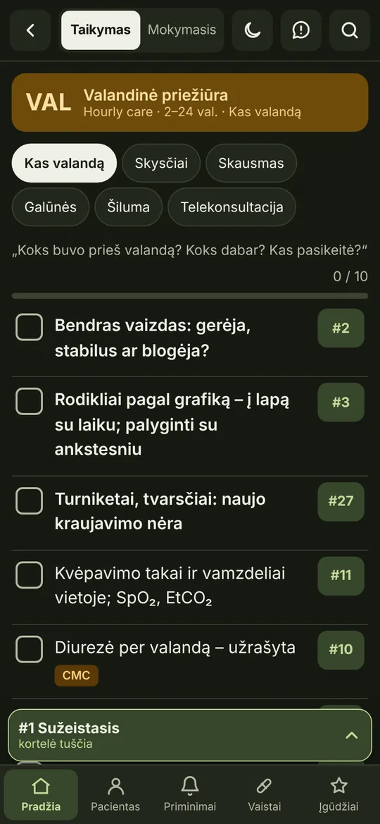 Valandinės priežiūros kontrolinis sąrašas